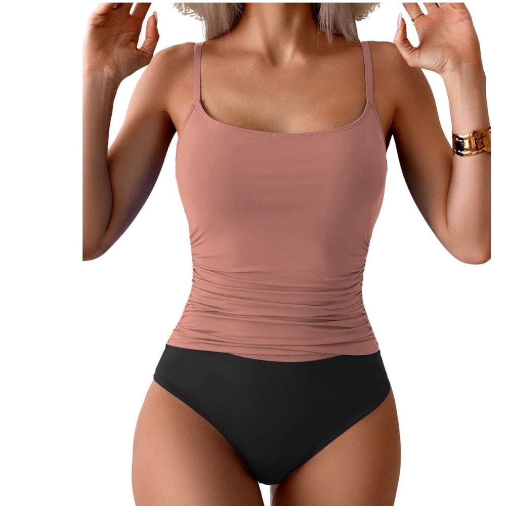 Aidonger Womens One Piece Swimsuit Tummy Control Ruched Color Block Pink Black L